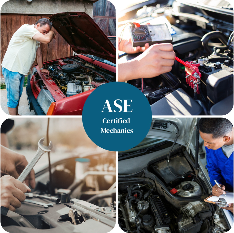 A collage of four scenes showing mechanics working on car engines, with 