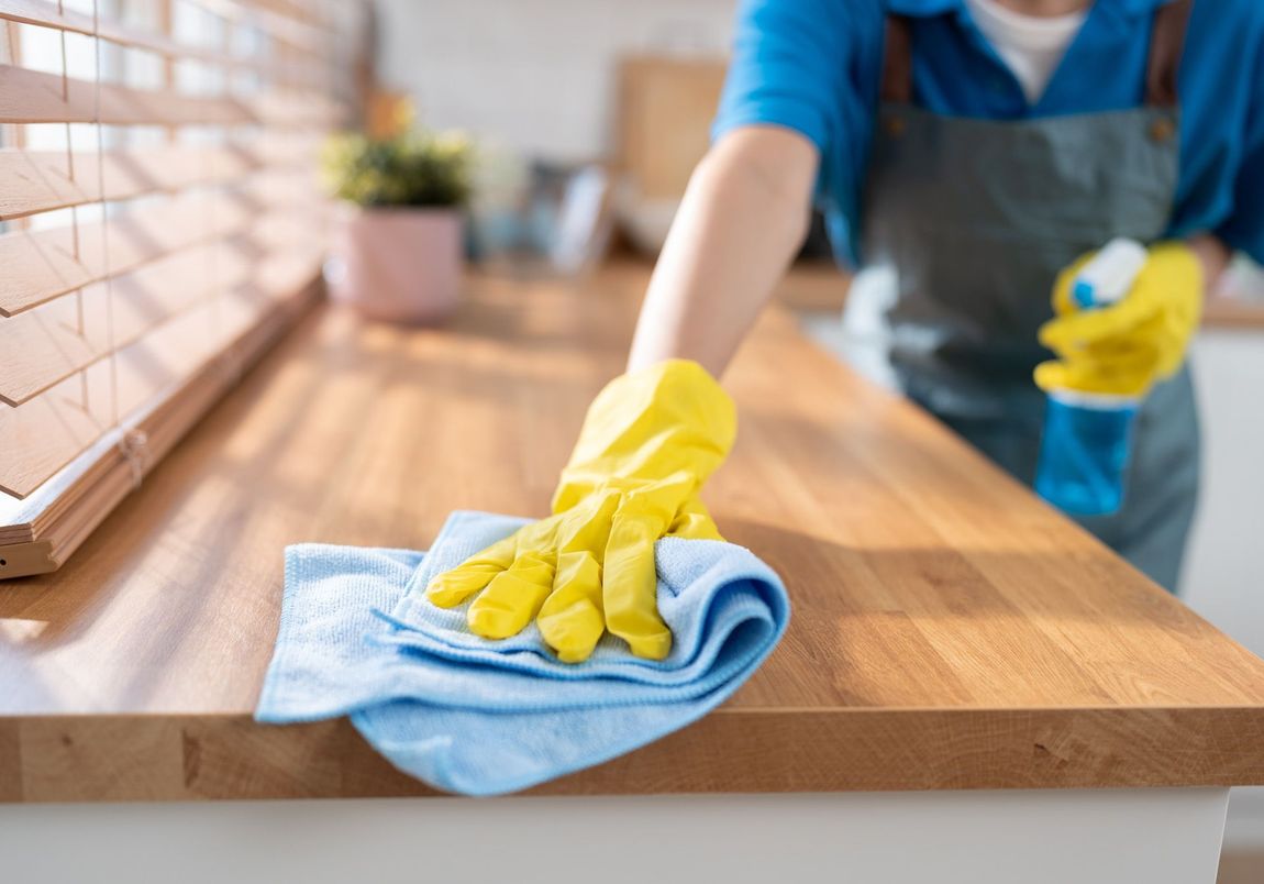 A person wearing yellow gloves is cleaning a wooden counter with a towel.