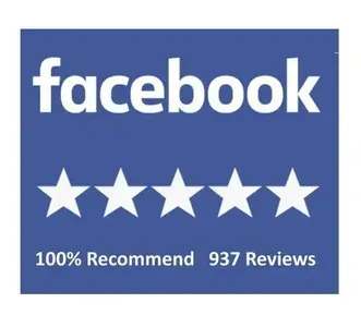 Facebook logo with five white stars; 100% recommend, 937 reviews.