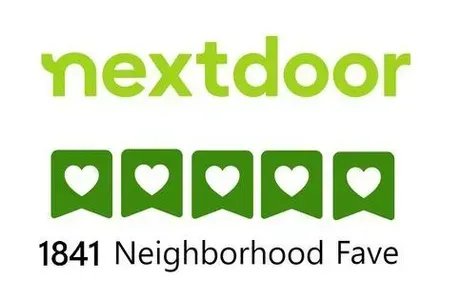 Nextdoor logo with five green heart-shaped icons, labeled “1841 Neighborhood Fave”.