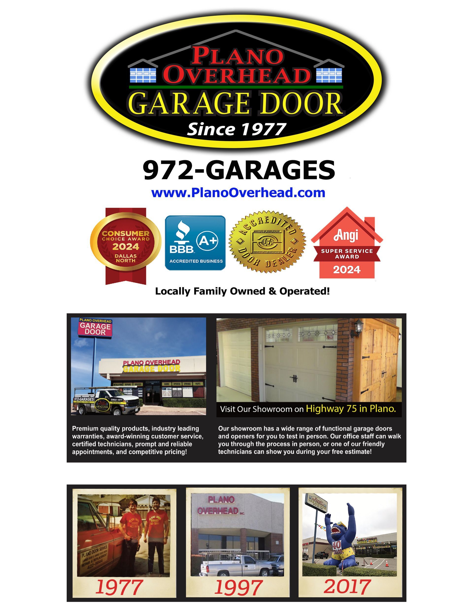 Logo for Plano Overhead Garage Door, contact info, awards, and historical images.