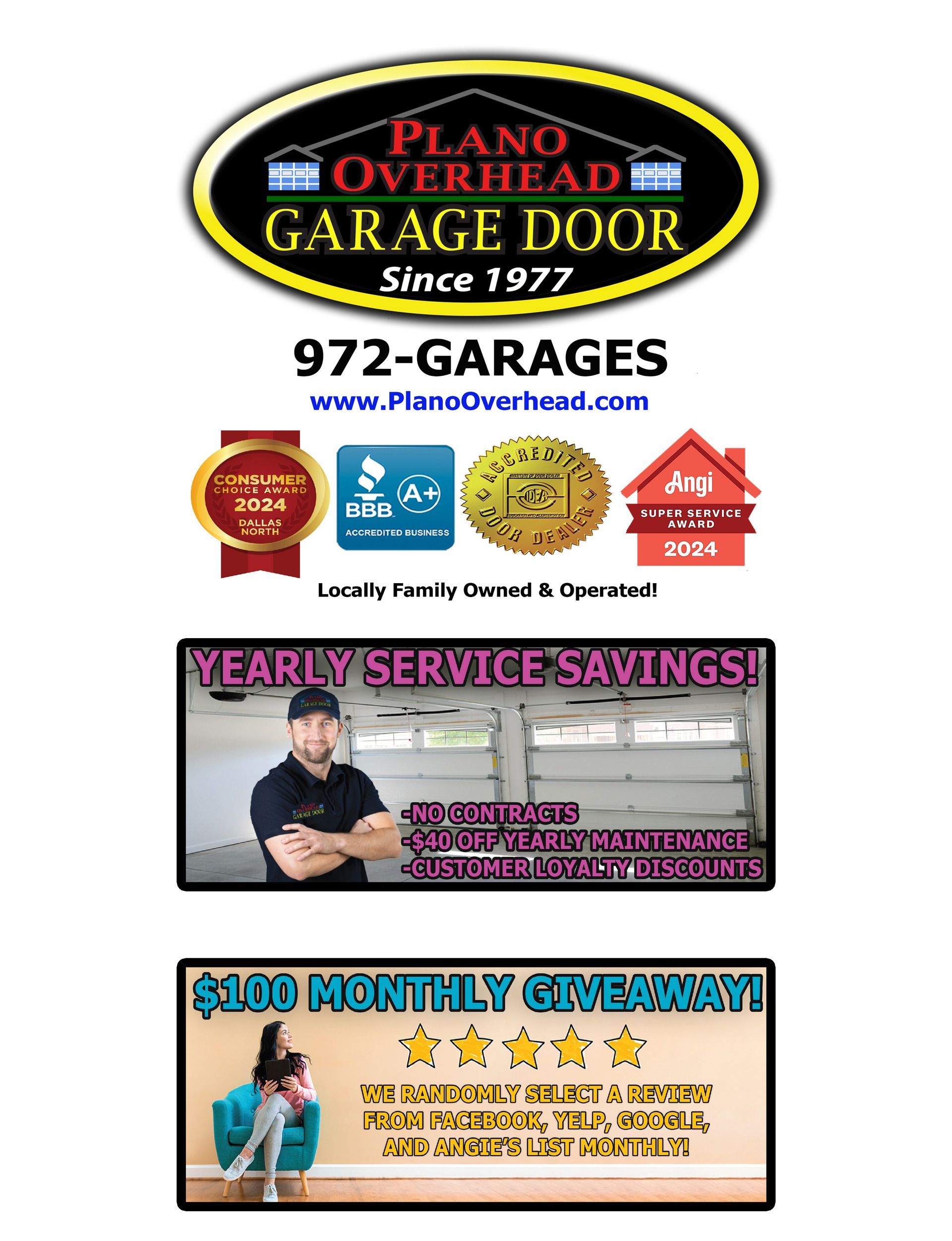 Logo and advertisements for Plano Overhead Garage Door, including contact info, service savings, and a monthly giveaway.