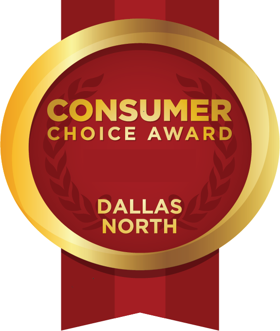 Consumer Choice Award 2024 badge, Dallas North. Gold seal on red, with a hanging red ribbon.