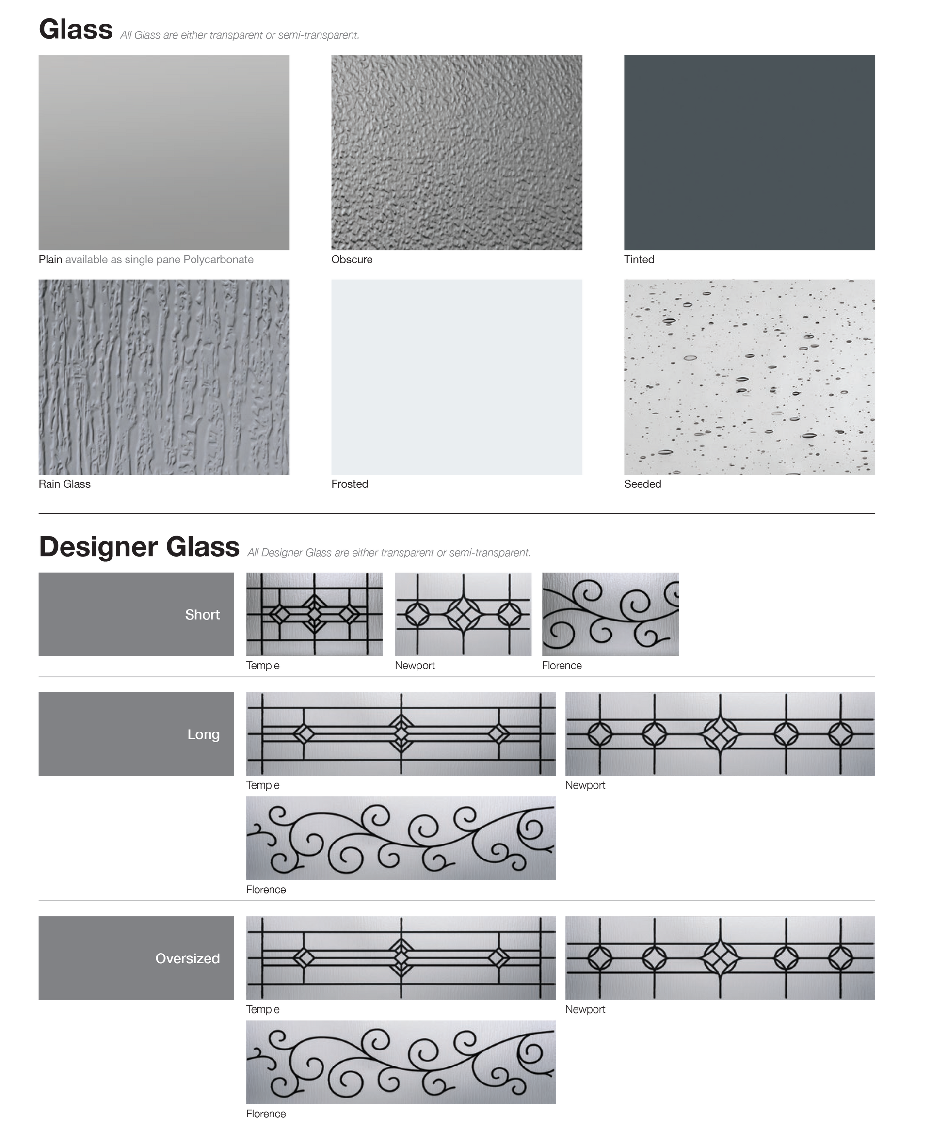 Glass types and designer glass samples. Includes various textures, patterns, and shapes.