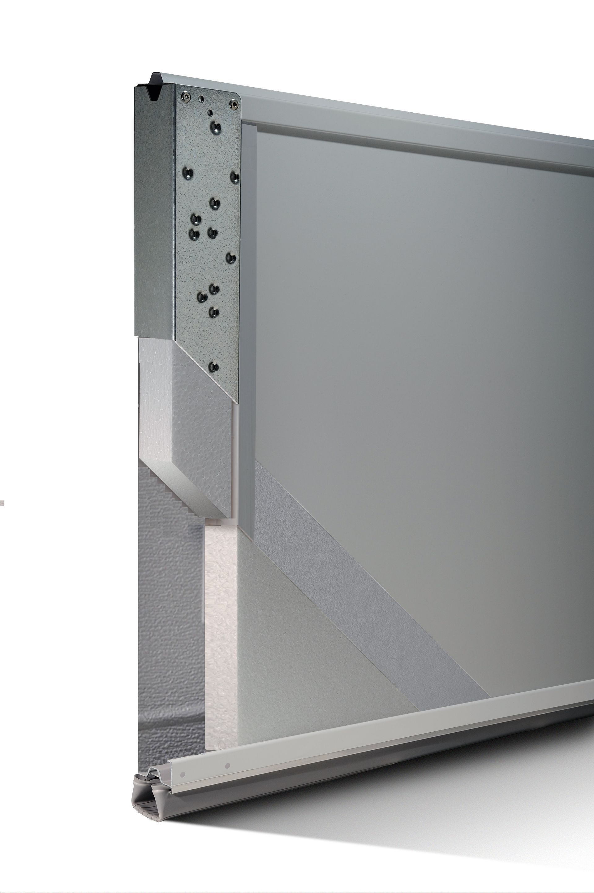 Cutaway view of a gray wall showing layers of insulation, concrete, and framing.