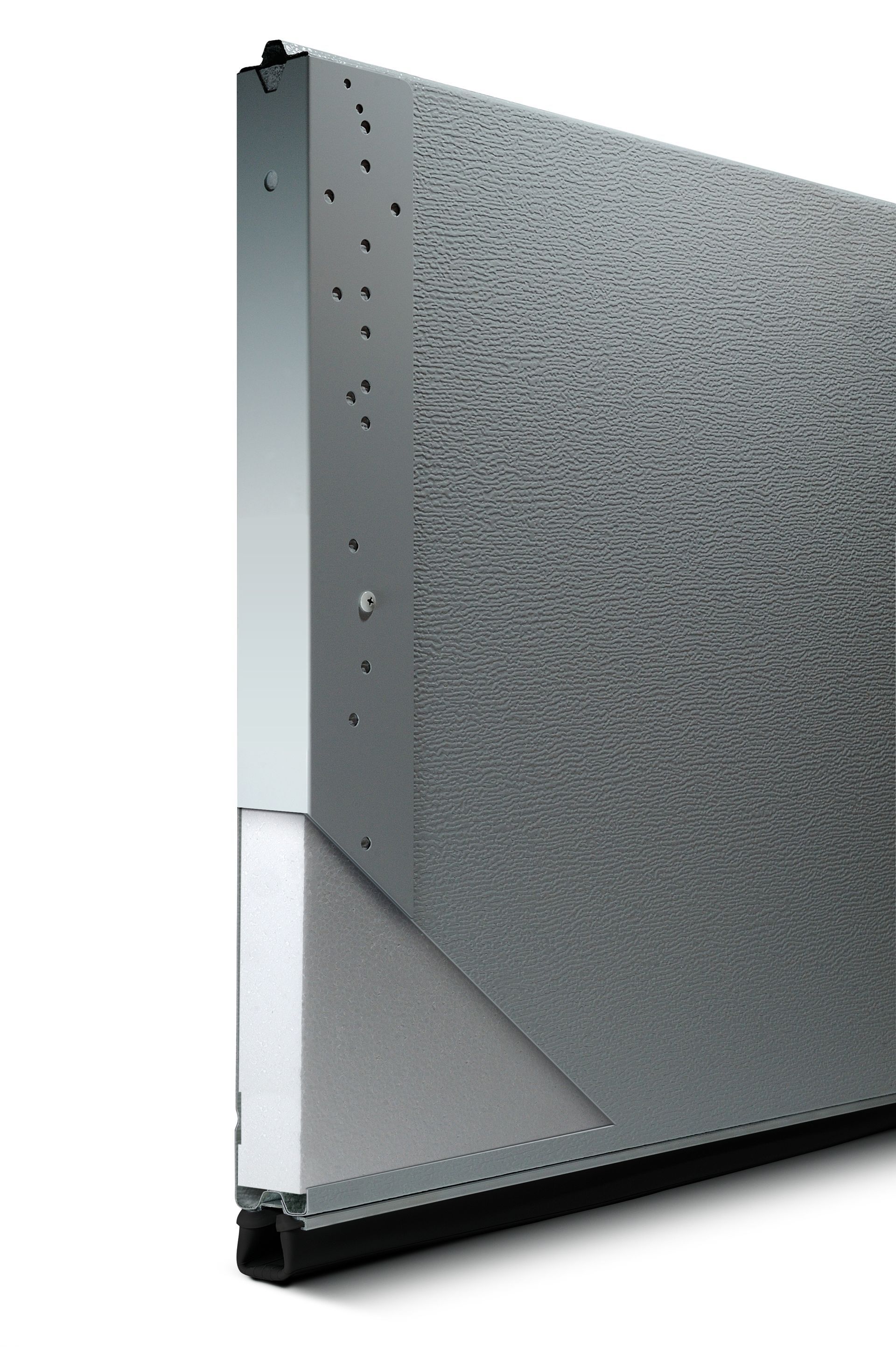 Sectional metal insulated building panel, silver with textured surface, side view showing foam insulation.