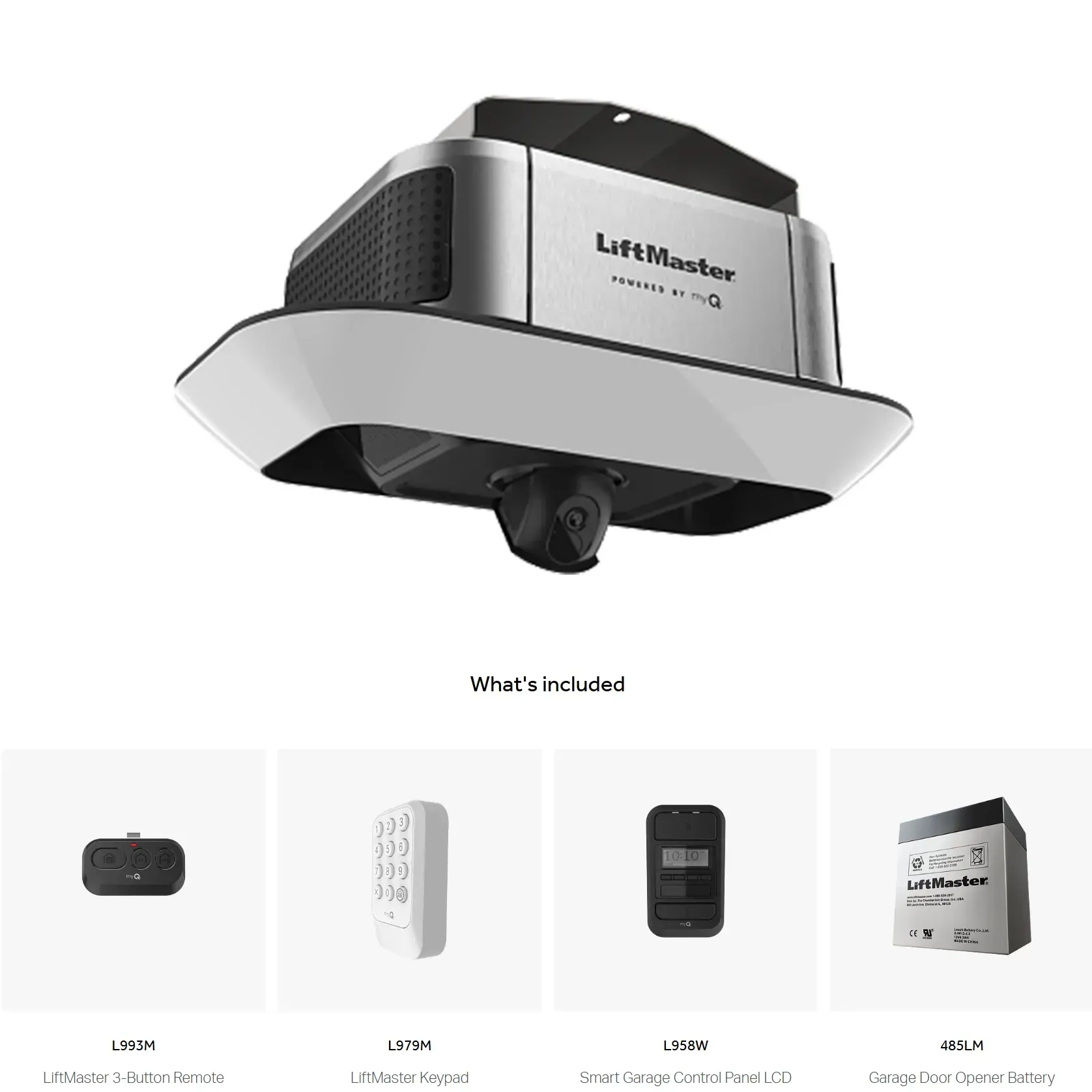 LiftMaster garage door opener with camera, and included accessories.