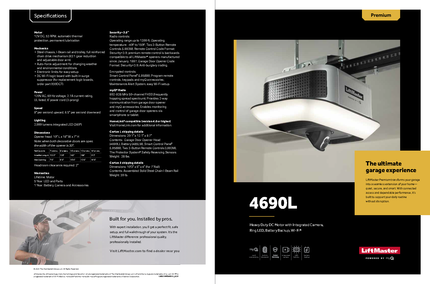 Garage door opener brochure. Main product image, text about features, and installer in setting. Garage door opener brochure. Main product image, text about features, and installer in setting.