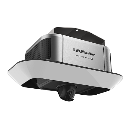 LiftMaster garage door opener with integrated camera. Silver and white.