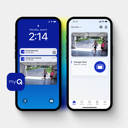 Two smartphones showcasing the myQ app with garage door control and live video feed.