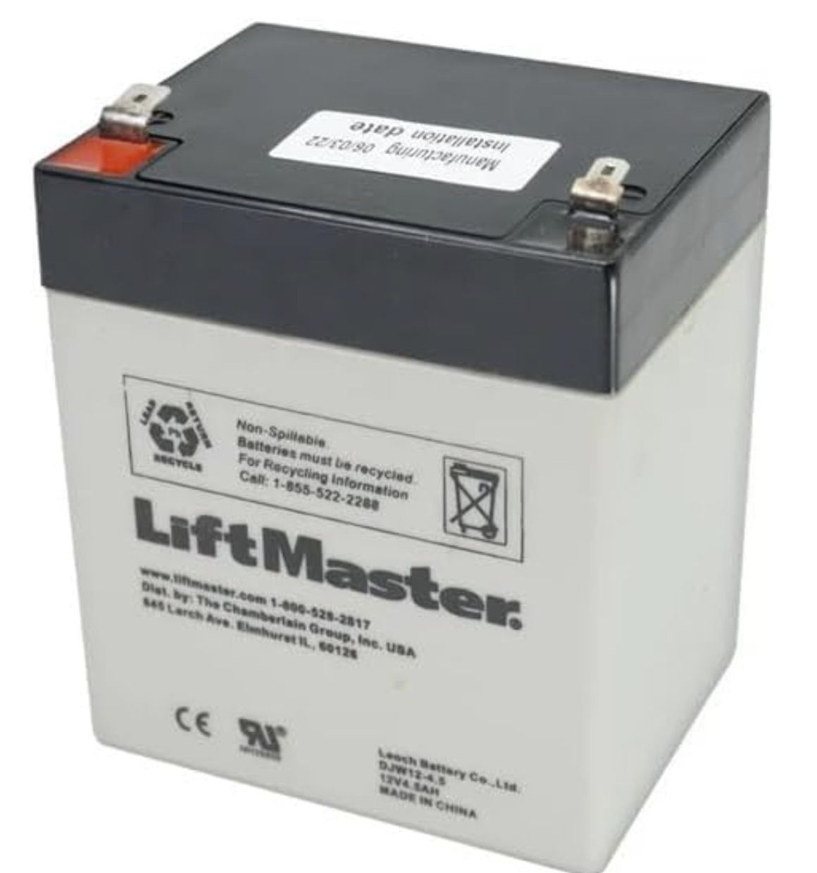 LiftMaster backup battery, white and black, for garage door openers.