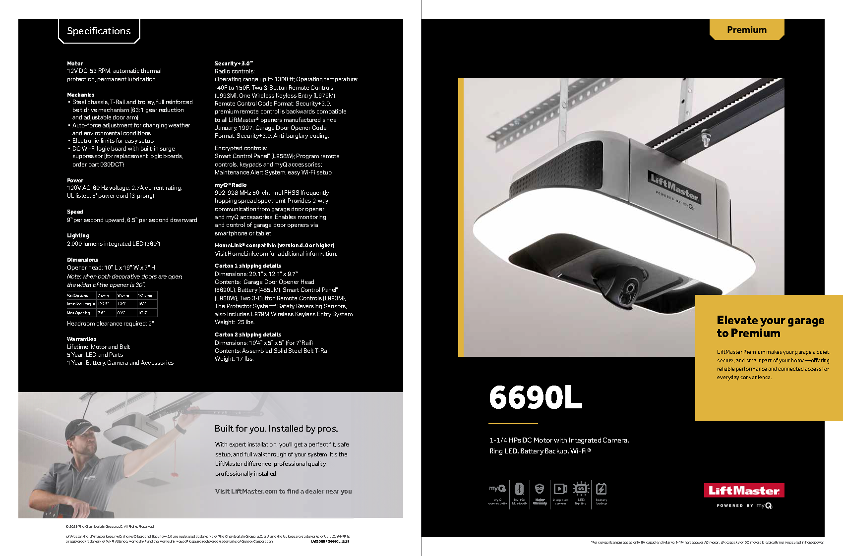 Brochure spread: Garage door opener model 6690L; features list, technician installing the opener. Brochure spread: Garage door opener model 6690L; features list, technician installing the opener.