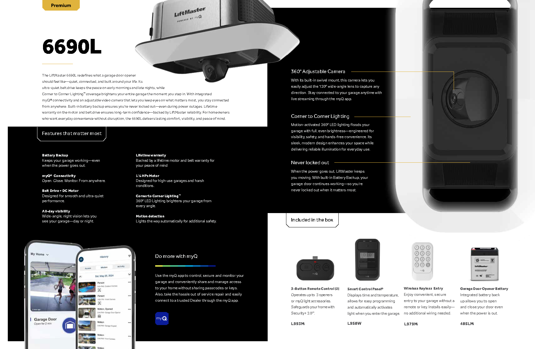 Brochure page featuring a garage door opener, app interface screenshots, and remote controls. Brochure page featuring a garage door opener, app interface screenshots, and remote controls.