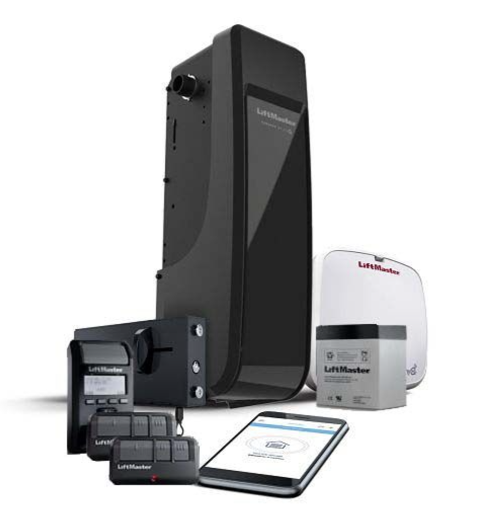 Black LiftMaster gate opener with accessories and smartphone displaying control interface.