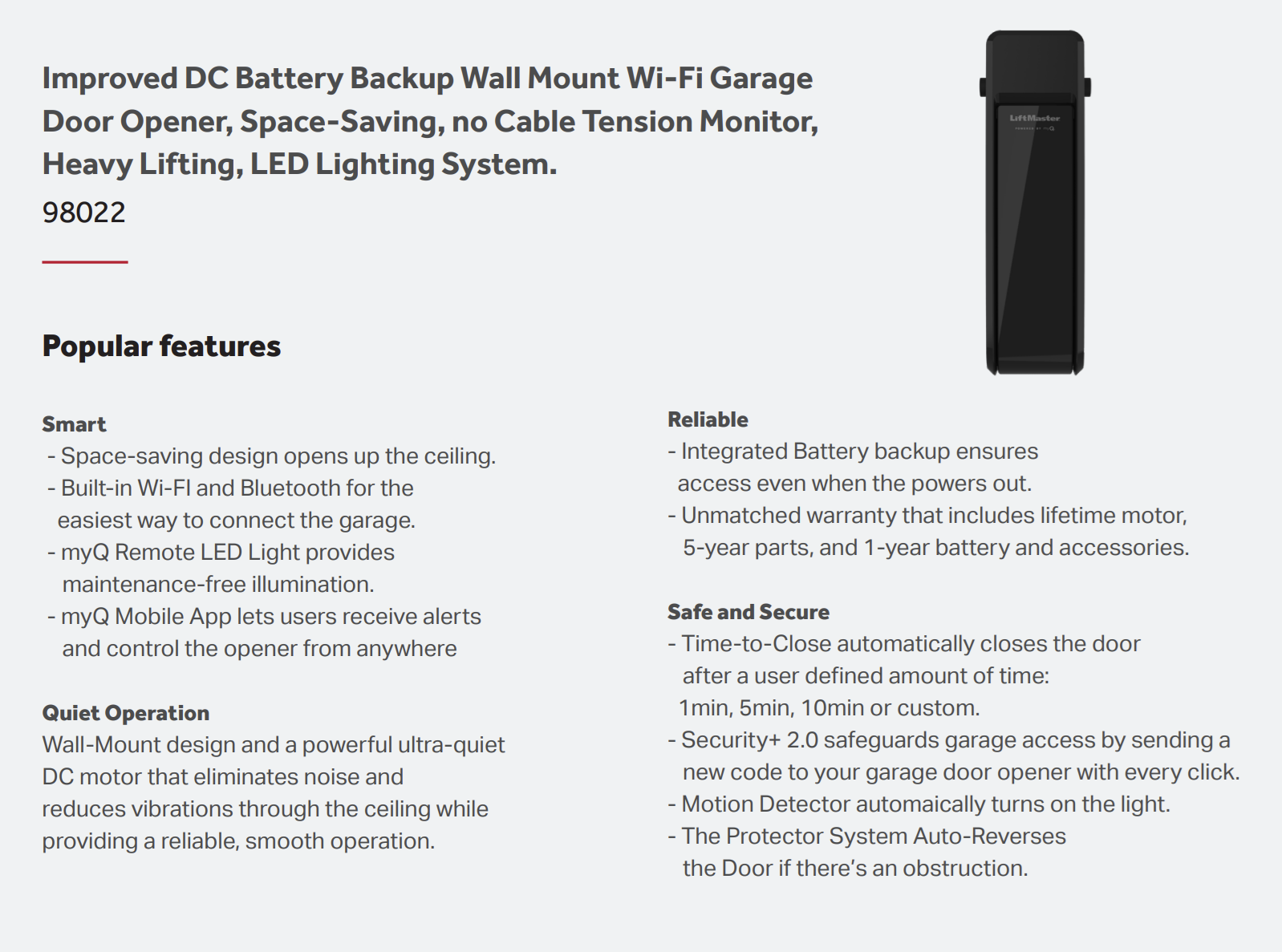 Product detail of a black wall-mount garage door opener with popular features and specifications.