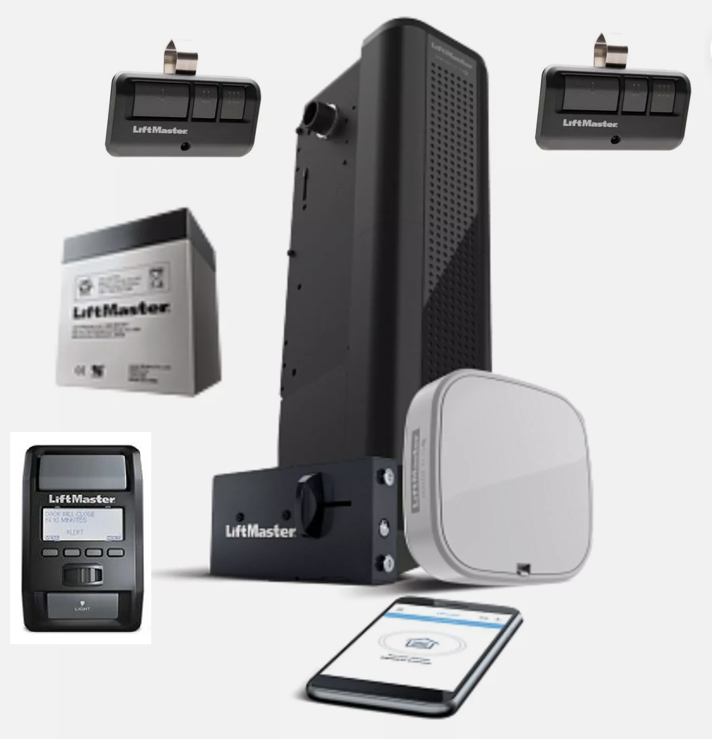 LiftMaster garage door opener components including battery backup, remotes, and smartphone app.