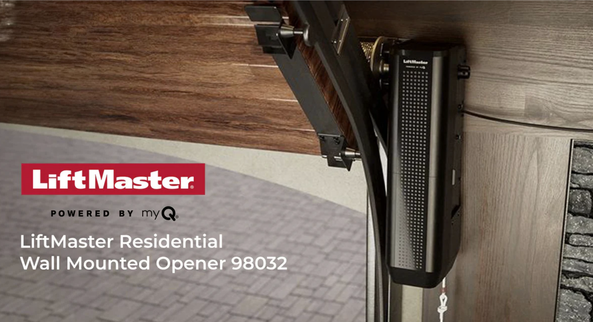 LiftMaster wall-mounted garage door opener with branding and iQ logo installed on a wood ceiling.