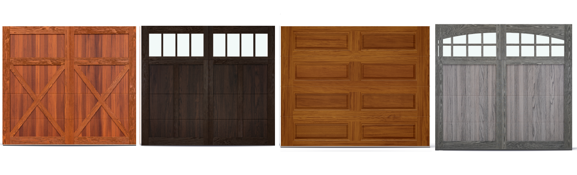 Four different wooden garage doors with various panel designs and colors.