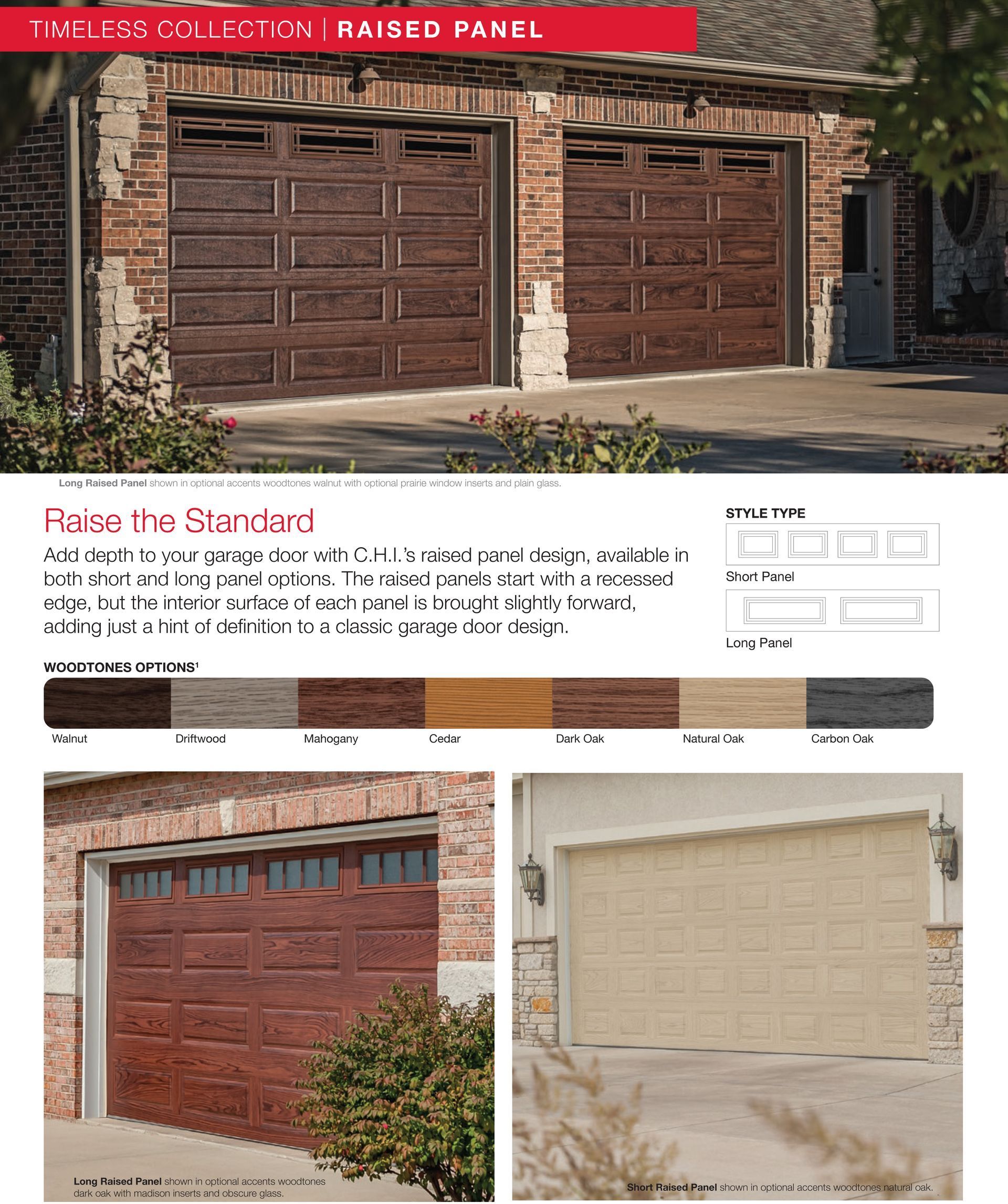Garage doors, raised panel style, in various colors, displayed on buildings and in color swatches.