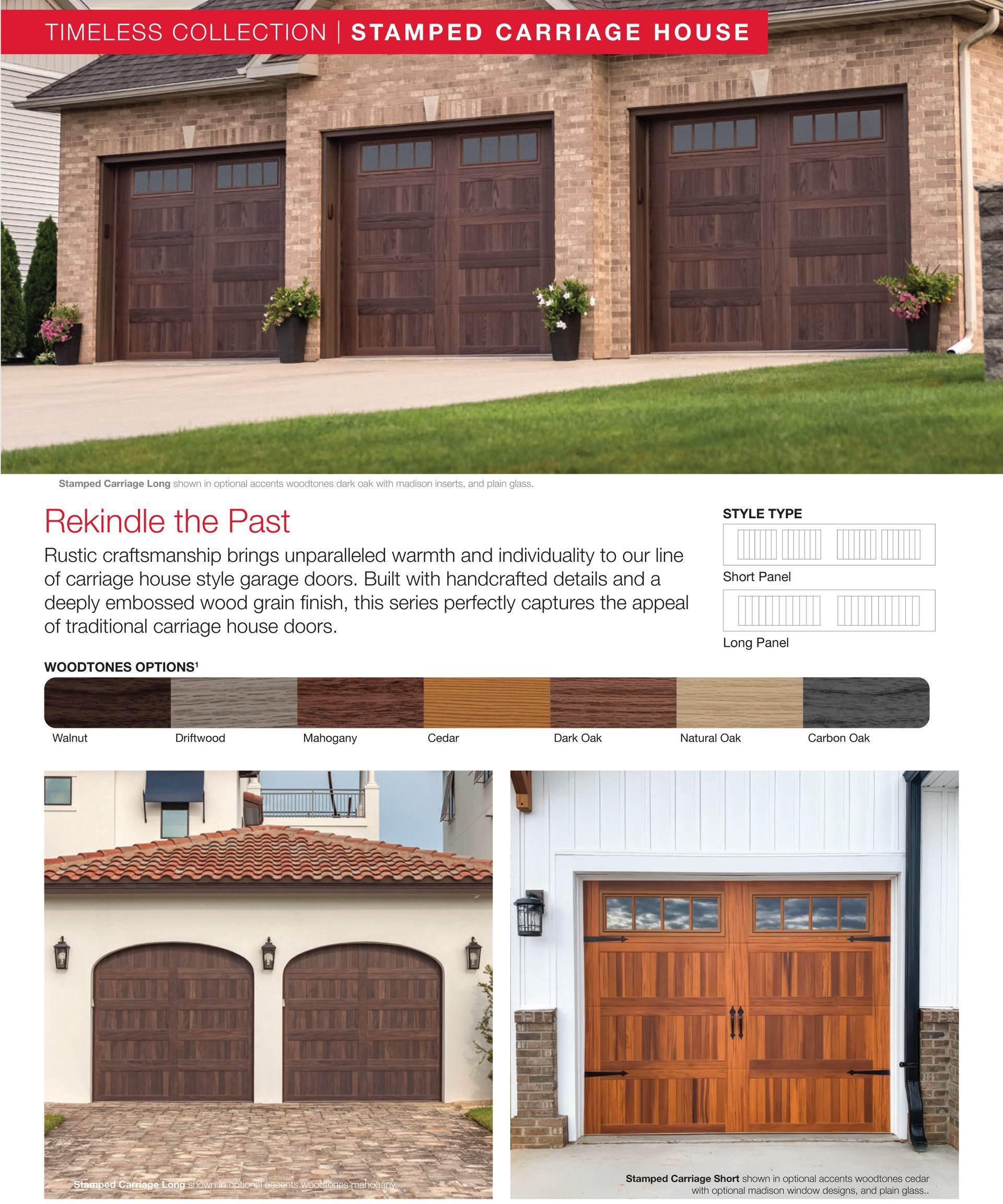 Three brown garage doors on a brick house, showcasing different styles and colors.