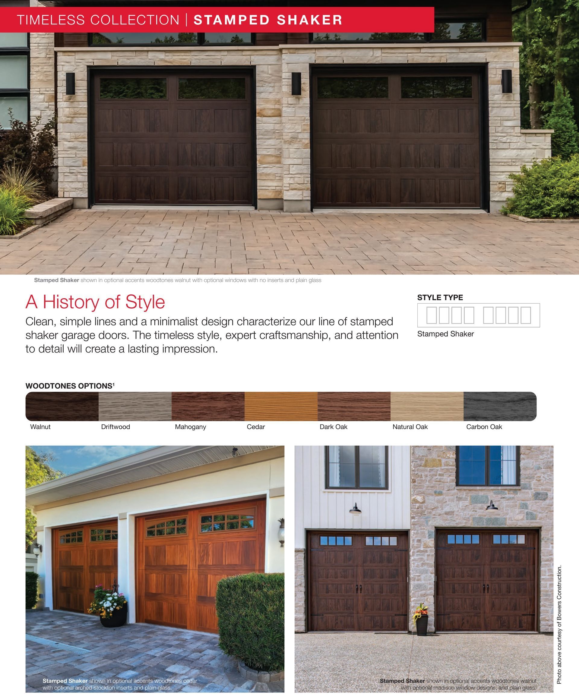 Two brown garage doors, stained shaker style, in stone framed openings, showcasing color options.