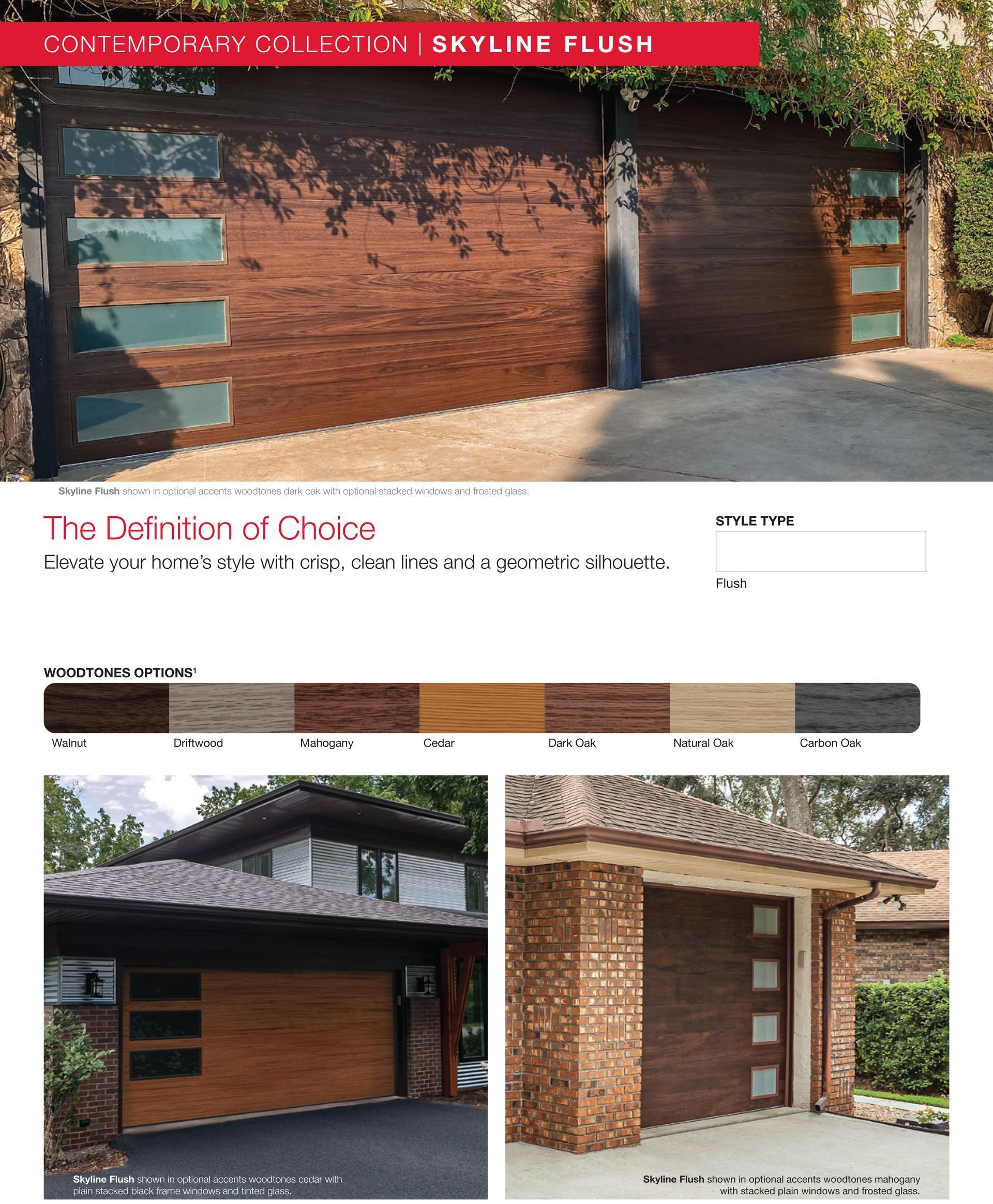 Garage doors in various wood stain colors. Examples on houses.