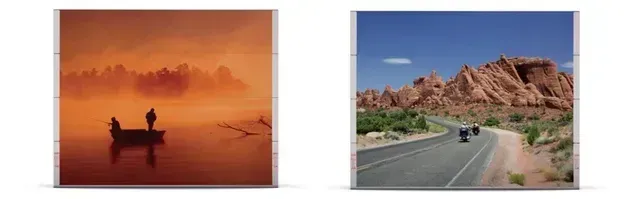 Two square images. Left: Silhouetted figures in a boat on a misty lake at sunset. Right: Road winding through red rock formations.