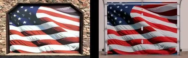 Two garage doors each displaying a large American flag. One door has a stone frame.