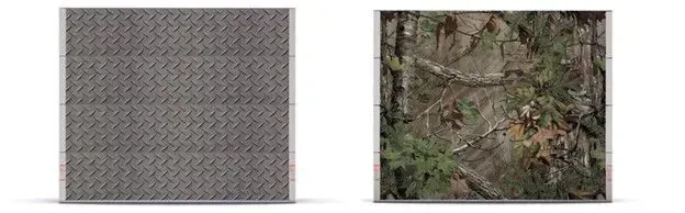 Two panels, one diamond plate, and the other a forest camouflage pattern.