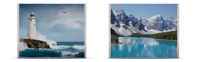 Two square images: a lighthouse on a rocky shore and a mountain lake with snowy peaks.