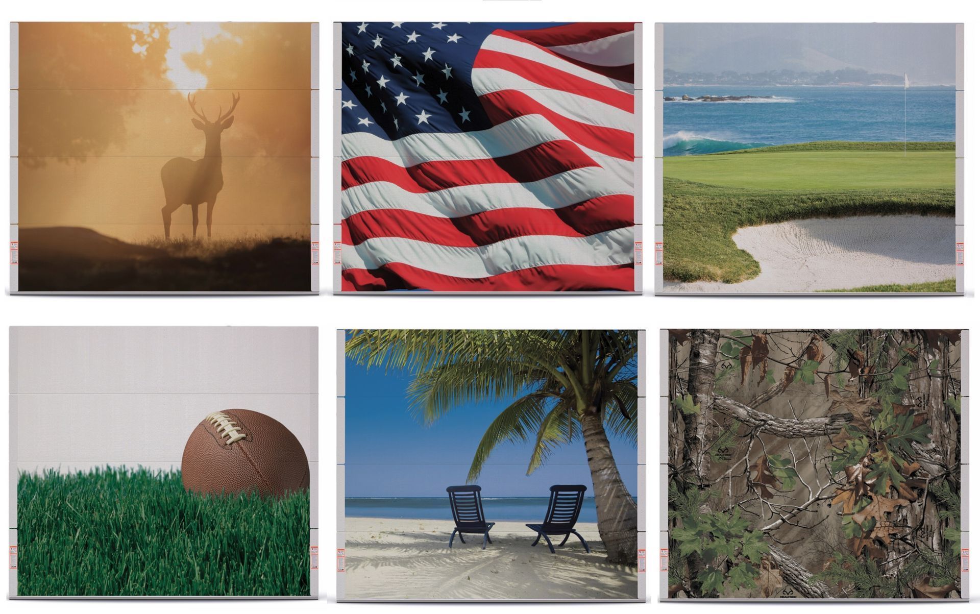 Deer silhouette in a misty forest, American flag waving, golf course with ocean view, football on grass, beach with chairs, camouflage pattern. Deer silhouette in a misty forest, American flag waving, golf course with ocean view, football on grass, beach with chairs, camouflage pattern.