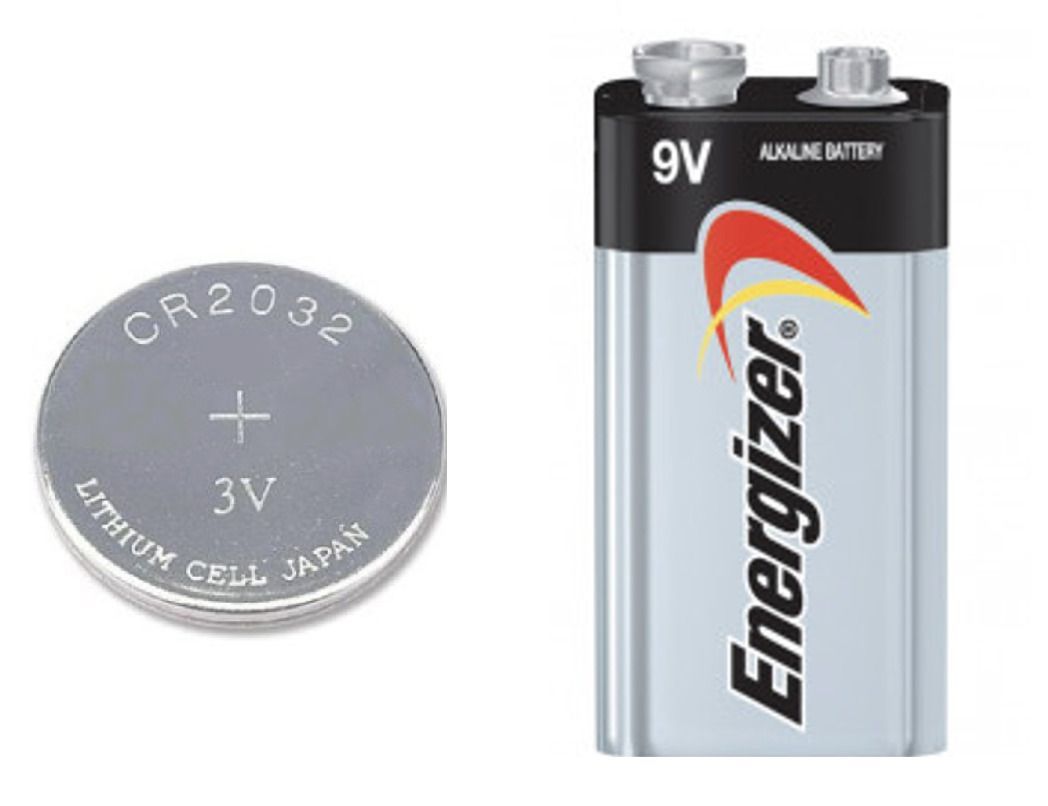 CR2032 3V lithium coin cell battery and a 9V alkaline battery.