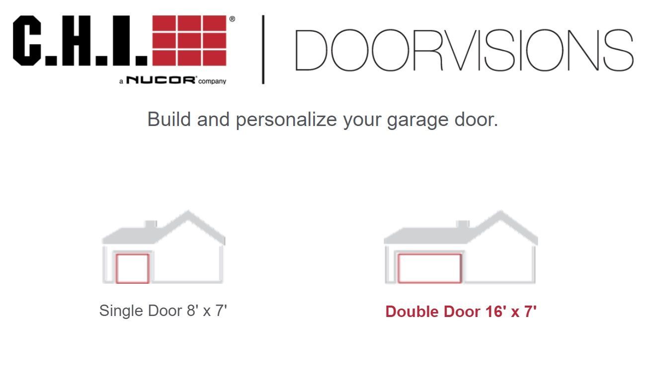 CHI DoorVisions logo with options for single or double garage door customization, with door dimensions.