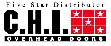 Logo for C.H.I. Overhead Doors. Black letters, red star-filled squares, and Five Star Distributor at the top. Logo for C.H.I. Overhead Doors. Black letters, red star-filled squares, and Five Star Distributor at the top.