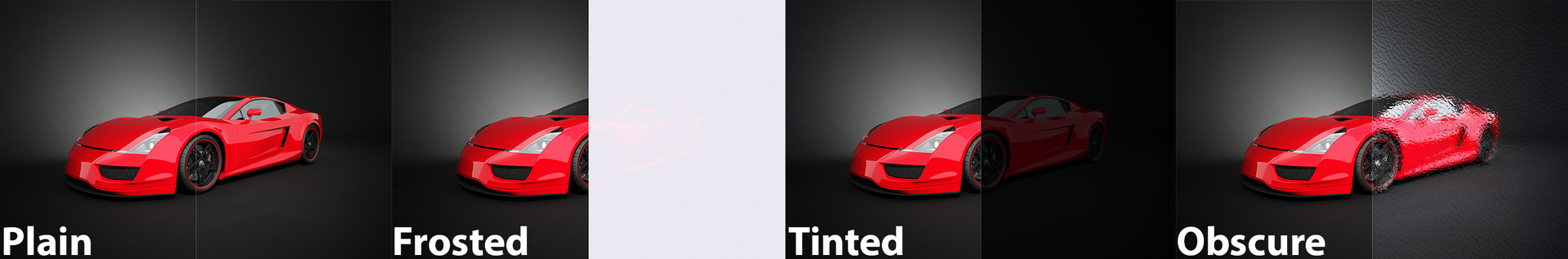 Red sports car with Plain, Frosted, Tinted, and Obscure effects on a dark background.