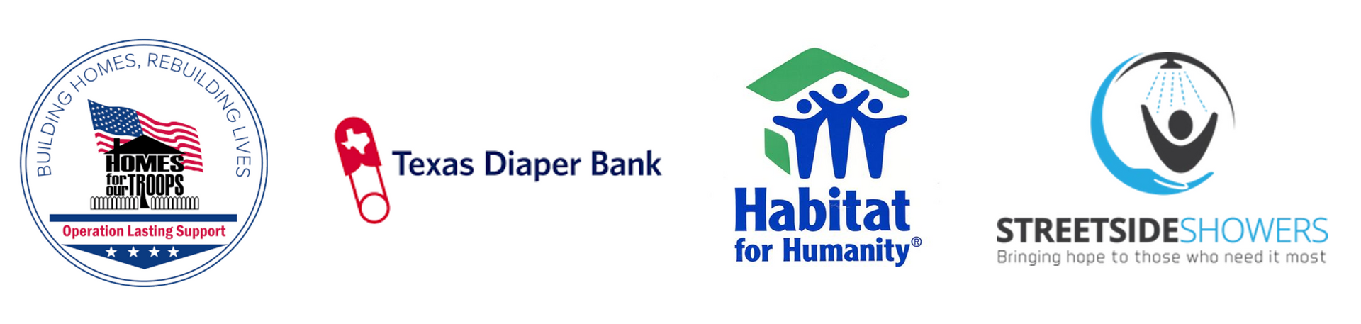 Logos of various organizations: Texas Diaper Bank, Habitat for Humanity, StreetSideShowers.