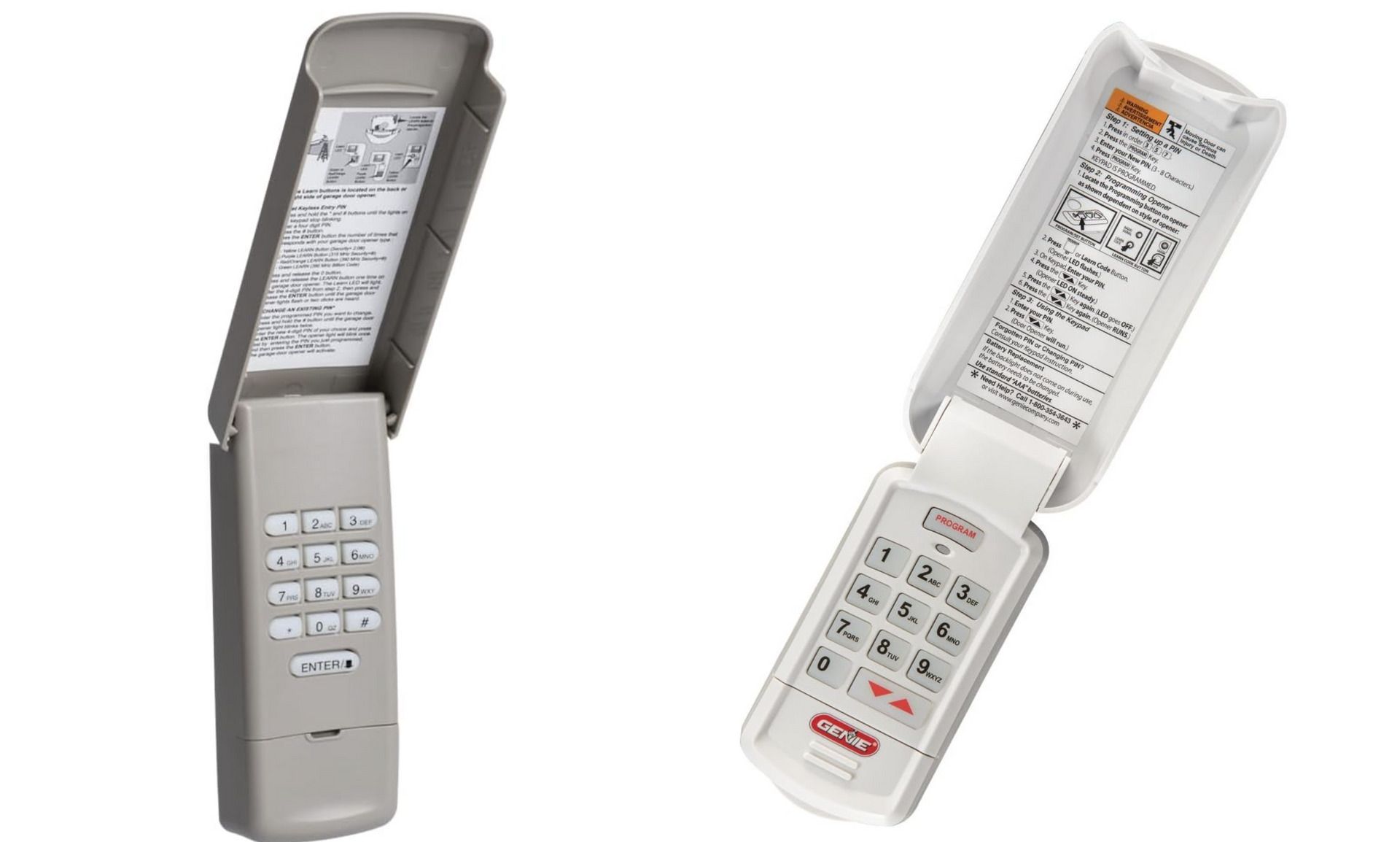 Two garage door opener keypads, one gray, one white, with open covers displaying programming information.