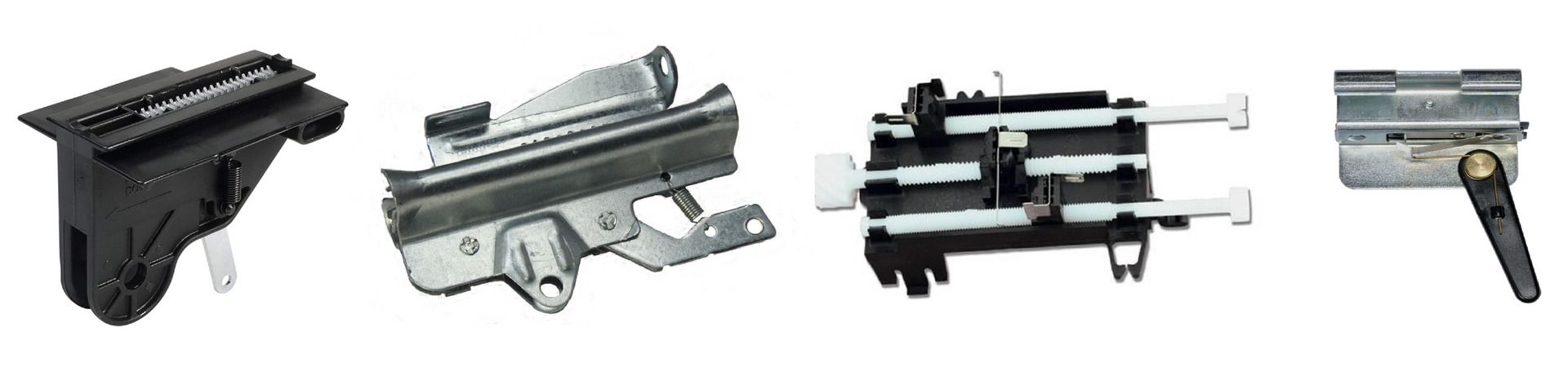 Four different metal door or window hardware mechanisms.