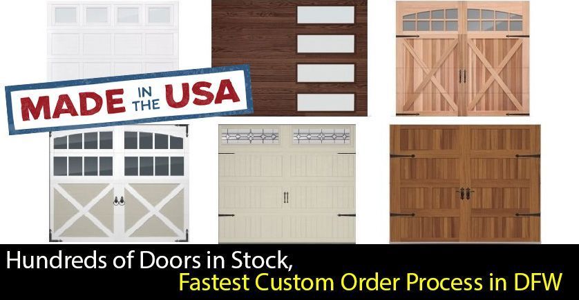 Collection of garage doors with Made in the USA banner and text about stock and custom orders in DFW.