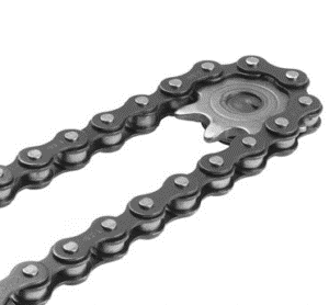 Close-up of a metal chain connected to a sprocket, used for power transmission.