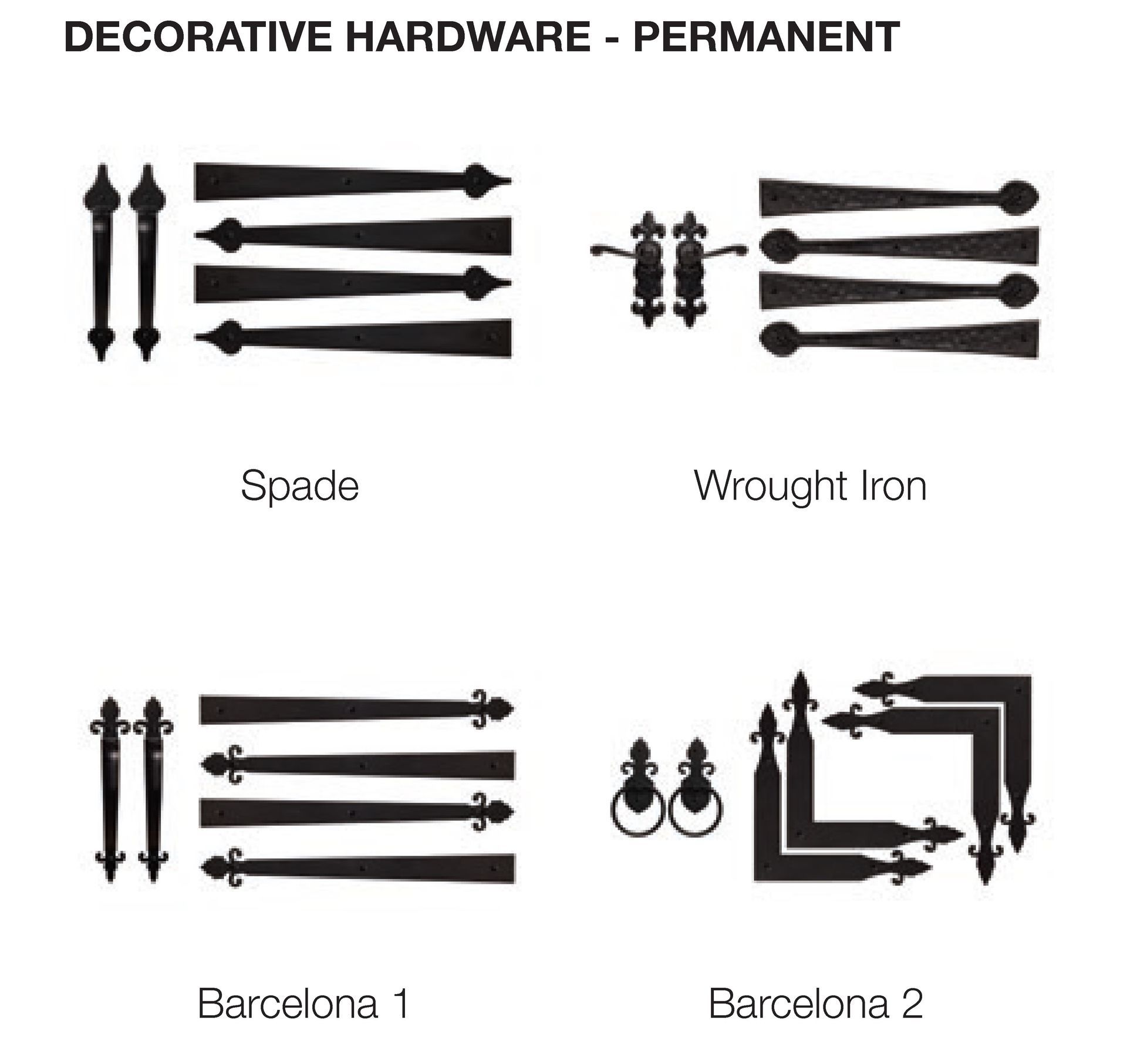 Decorative hardware samples: Spade, Wrought Iron, Barcelona 1, Barcelona 2; black metal hinge and handle designs. Decorative hardware samples: Spade, Wrought Iron, Barcelona 1, Barcelona 2; black metal hinge and handle designs.