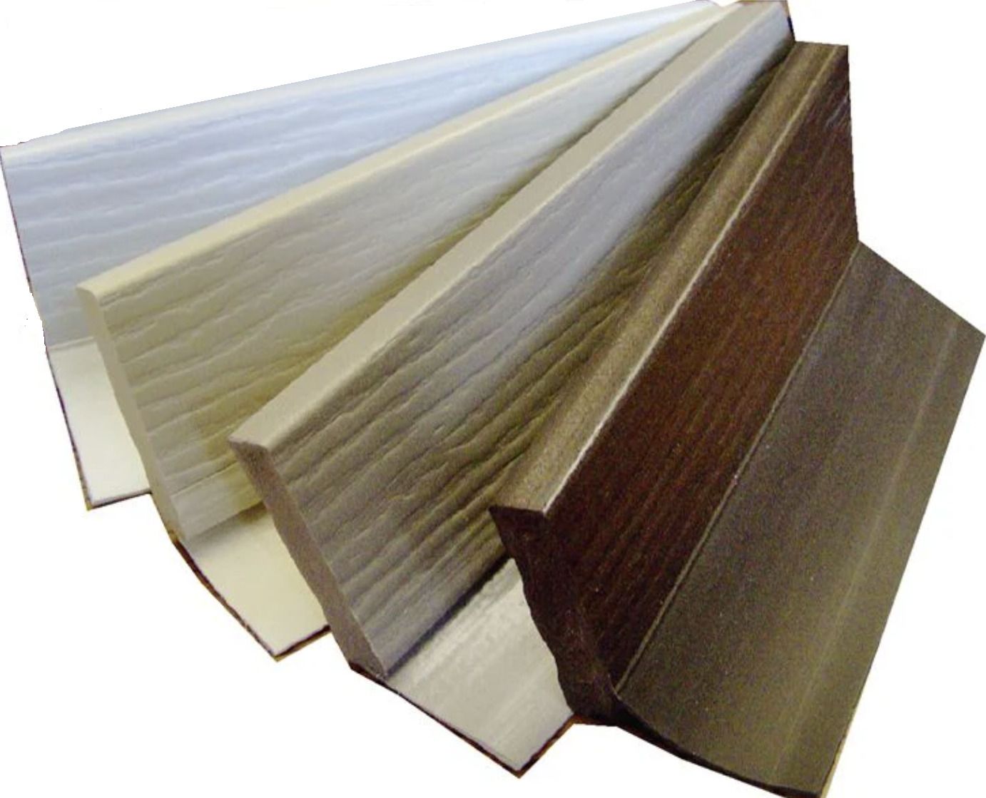 Four angled wood trim samples in varying shades of white, beige, and brown, arranged in a fan shape.