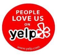 Red circle with white text: PEOPLE LOVE US ON Yelp with the Yelp logo.