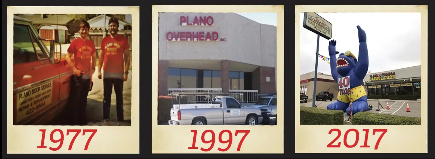 Three photos: men with a truck (1977), business (1997), blue gorilla statue (2017).