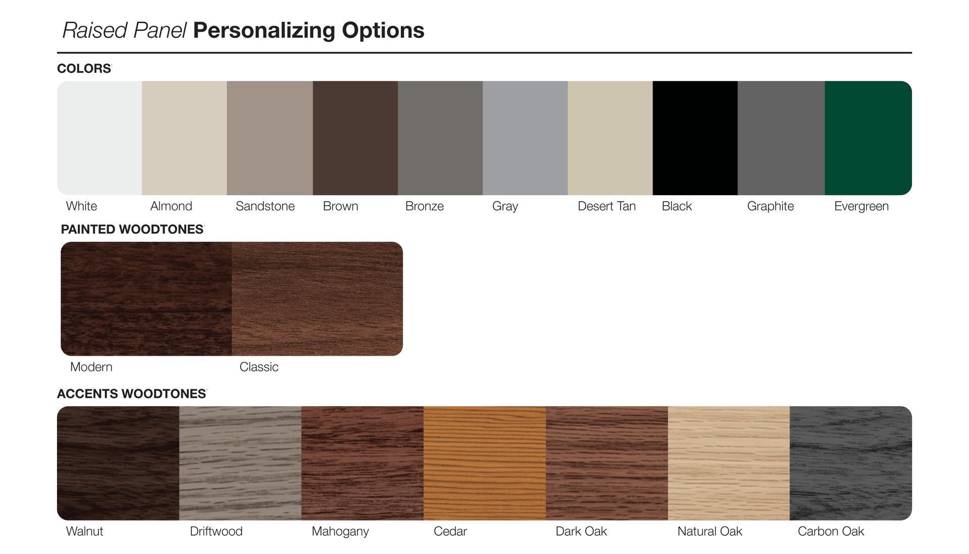 Palette of window/door personalization options: various colors, woodgrains.