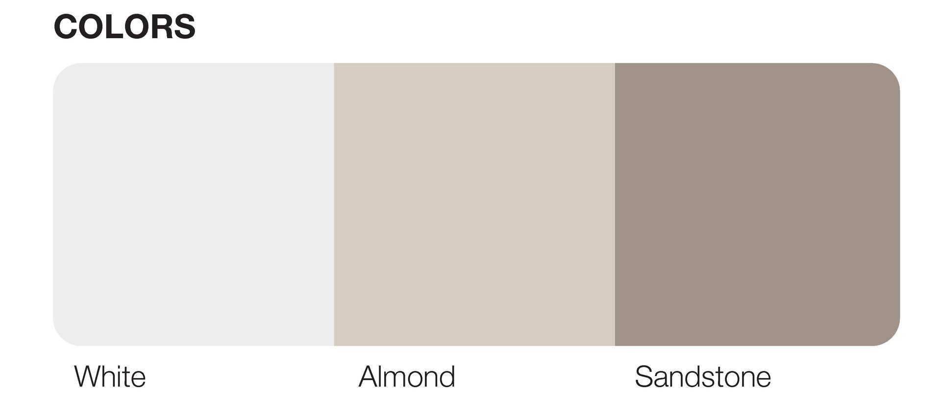 Color palette with white, almond, and sandstone swatches.
