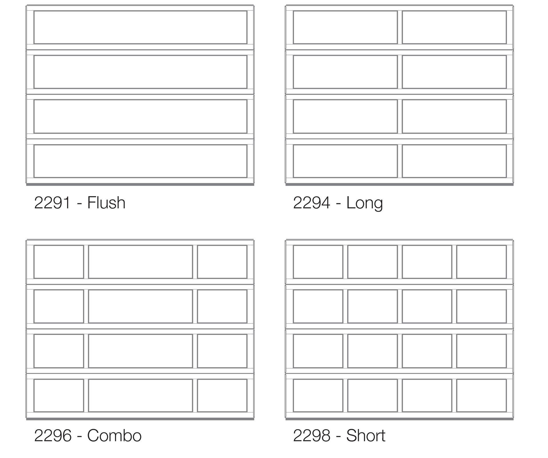 Four garage door panel designs: Flush, Long, Combo, and Short, each with different rectangular window layouts.