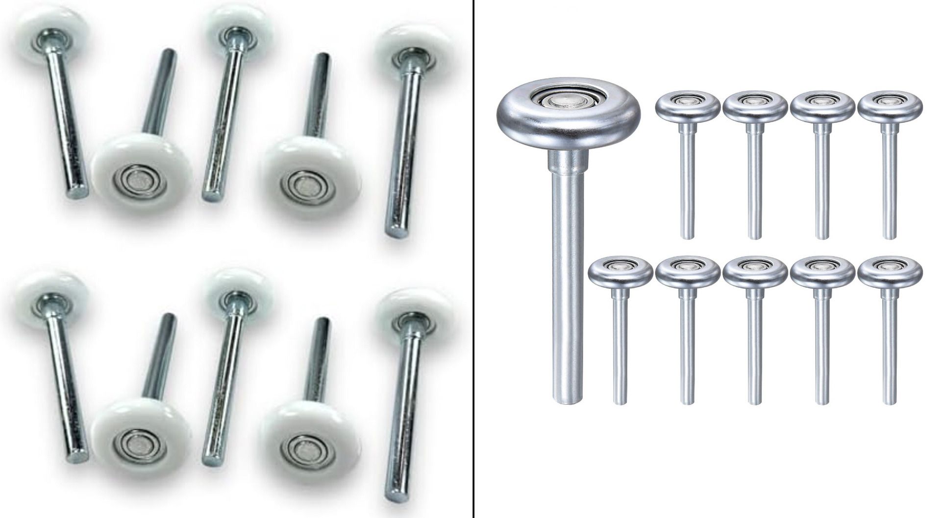 Garage door rollers in two sets, one with angled posts and one with straight posts.