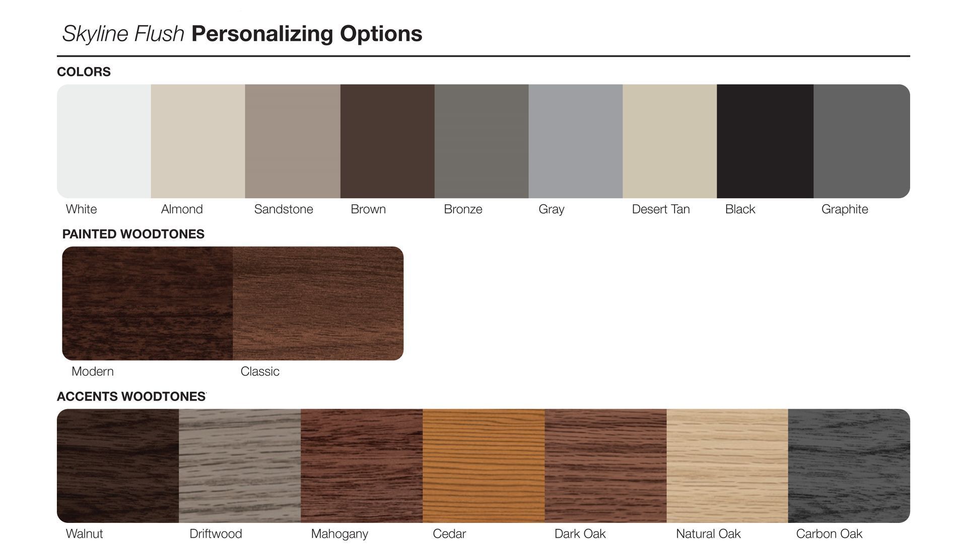 Color and wood stain options: white, beige, brown, gray, black, and wood grains including walnut and oak.