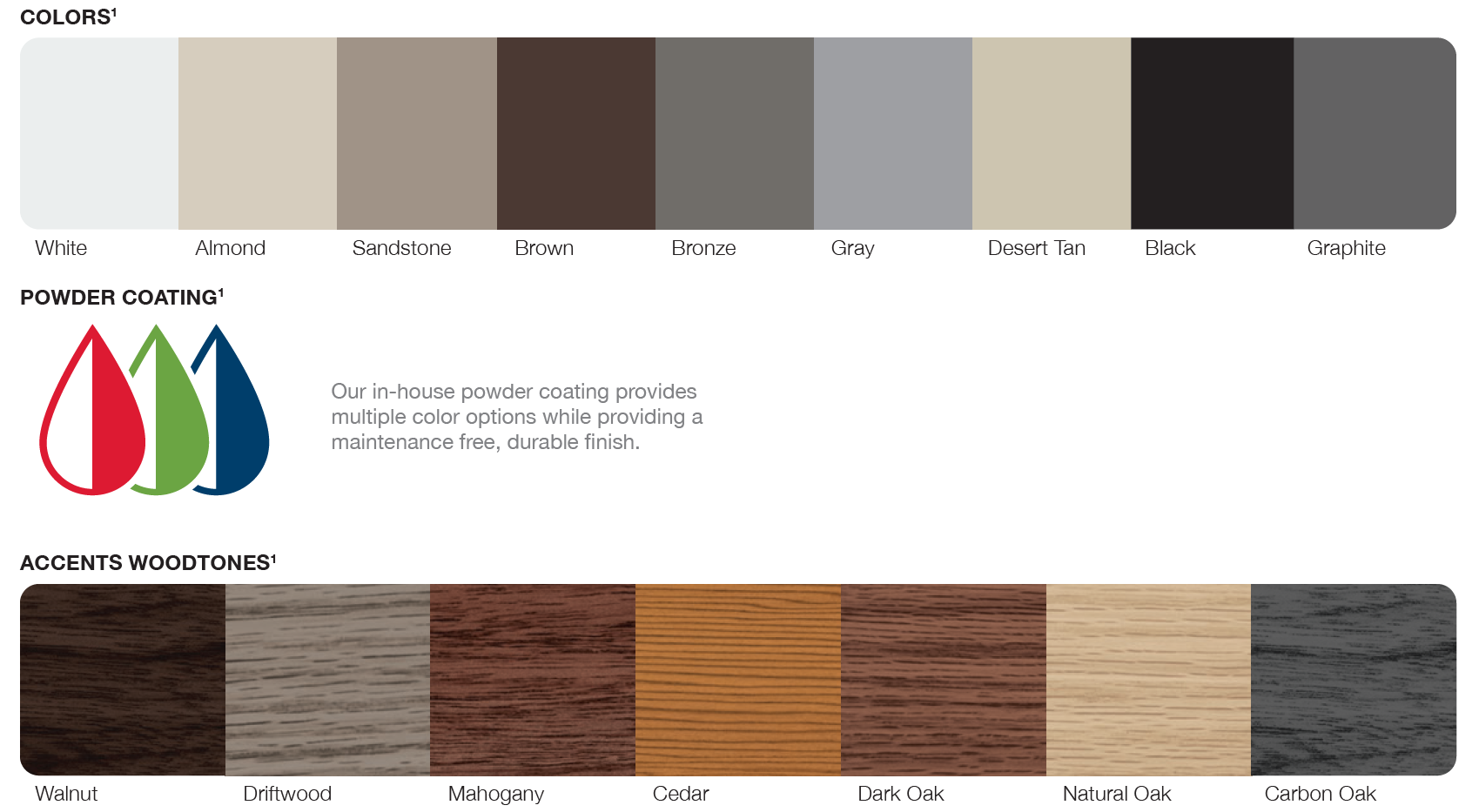 Color swatches: white to gray, plus wood grain finishes in various tones.